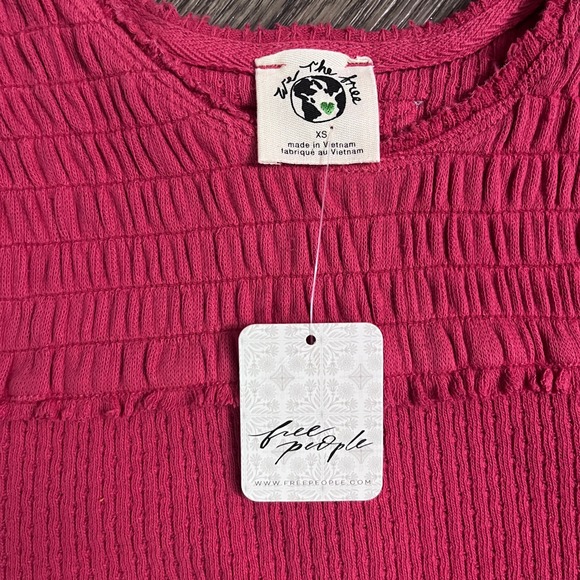 Free People Smocked Knit Top Ribbed Short Sleeve Tee Red XS - Picture 4 of 5